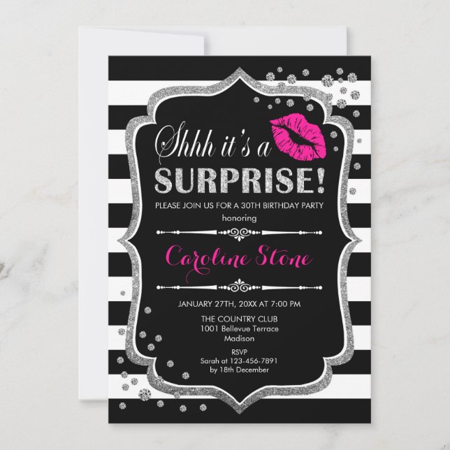 Invitation Surprise Anniversaire - Black Pink Silver (Devant)