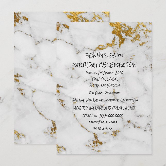 Invitation Surprise Anniversaire de fête Brosses dorées Marbr (Devant / Derrière)