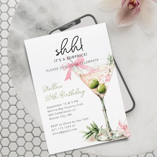 Invitation Surprise Anniversaire Fête Aquarelle Martini Verre (Surprise Birthday Party Watercolor Martini Glass Invitation)