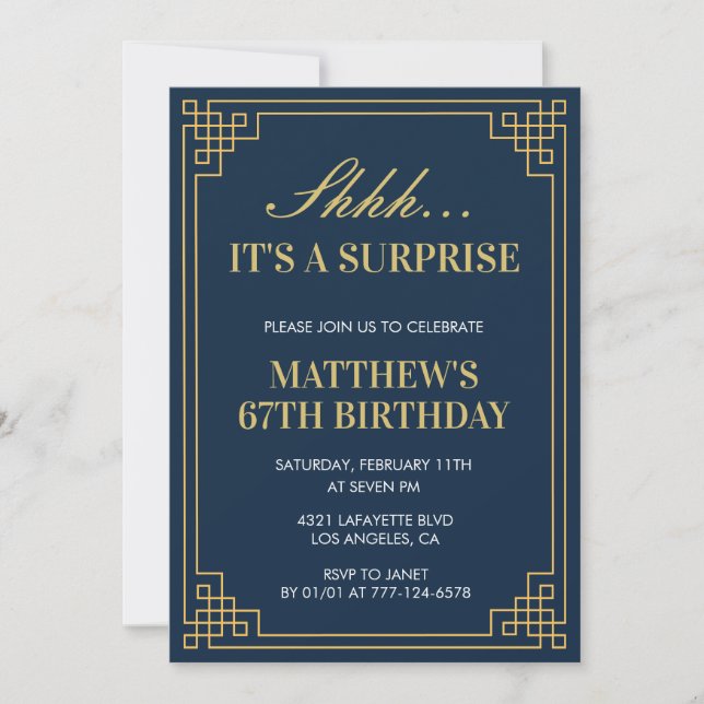 Invitation Surprise Anniversaire Marine bleu Gold Hommes 67e  (Devant)