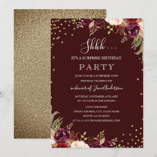 Invitation Surprise Anniversaire Or Confetti Bourgogne Floral