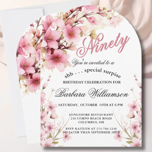 Invitation SURPRISE Arche florale rose Élégant 90e anniversai
