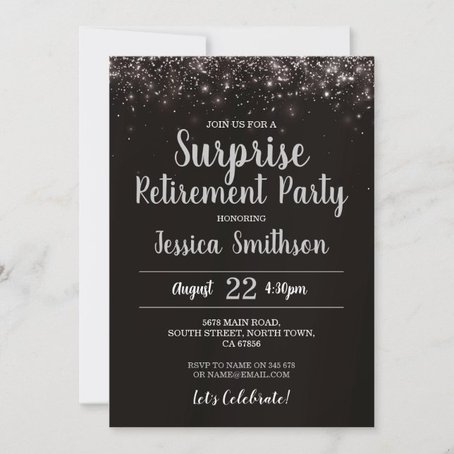Invitation Surprise argentée de retraite Paillettes Fête Noir (Devant)