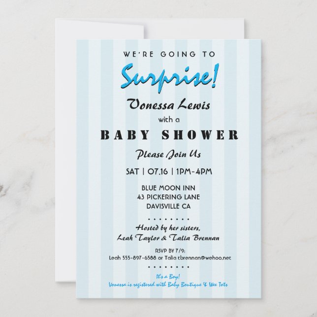 Invitation Surprise Baby shower Blue Stripes (Devant)