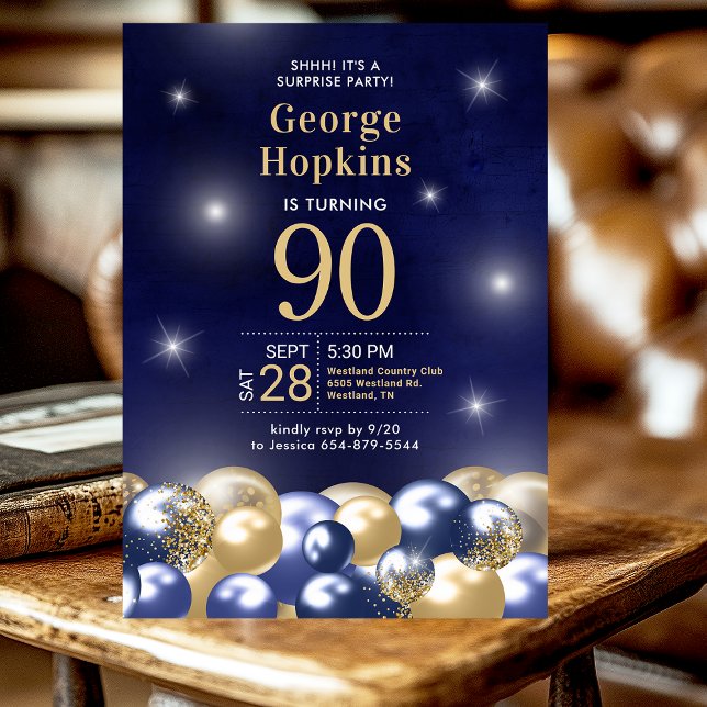 Invitation Surprise Ballons Bleus et Or pour 90e Anniversaire (Créateur téléchargé)