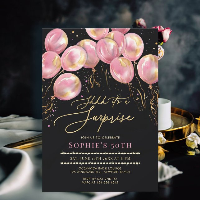 Invitation Surprise Ballons rose Or Black 50e anniversaire (50th birthday invitations for women surprise party balloons arch pink gold black calligraphy modern )