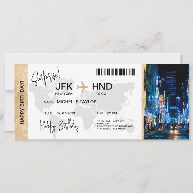 Invitation Surprise Birthday Boarding Pass Tokio Trip Ticket (Devant)