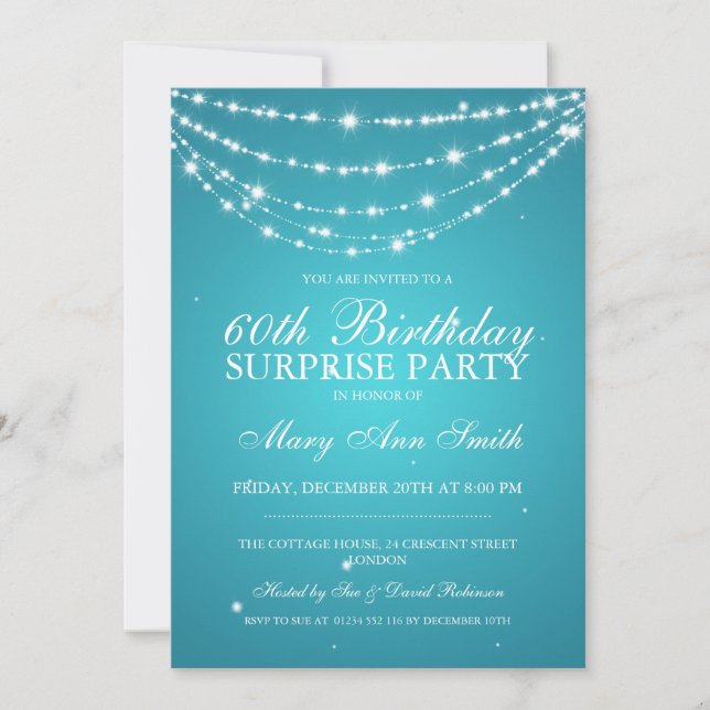 Invitation Surprise Birthday Party Sparkling Chain Turquoise (Devant)
