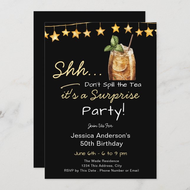 Invitation Surprise Birthday Party Spill the Tea (Devant / Derrière)