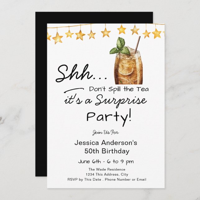 Invitation Surprise Birthday Party Spill the Tea (Devant / Derrière)