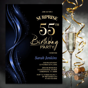 Invitation Surprise Black Blue 55th Birthday Party