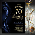 Invitation Surprise Black Blue 70th Birthday Party<br><div class="desc">Cette invitation de 70e anniversaire moderne aux couleurs noir et bleu donne le ton parfait pour une fête surprise. Personnalisez facilement votre invitation avec le nom de l'invité d'honneur, les détails de la fête et les informations sur le lieu en quelques clics seulement. Vous serez en mesure de créer une...</div>