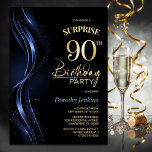 Invitation Surprise Black Blue 90th Birthday Party<br><div class="desc">Cette invitation de 90e anniversaire moderne aux couleurs noir et bleu donne le ton parfait pour une fête surprise. Personnalisez facilement votre invitation avec le nom de l'invité d'honneur, les détails de la fête et les informations sur le lieu en quelques clics seulement. Vous serez en mesure de créer une...</div>