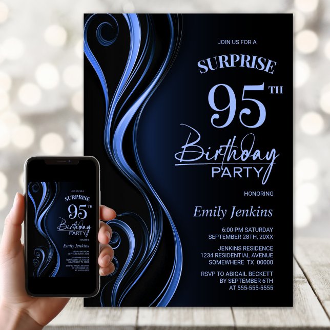 Invitation Surprise Black Blue 95th Birthday Party (Créateur téléchargé)