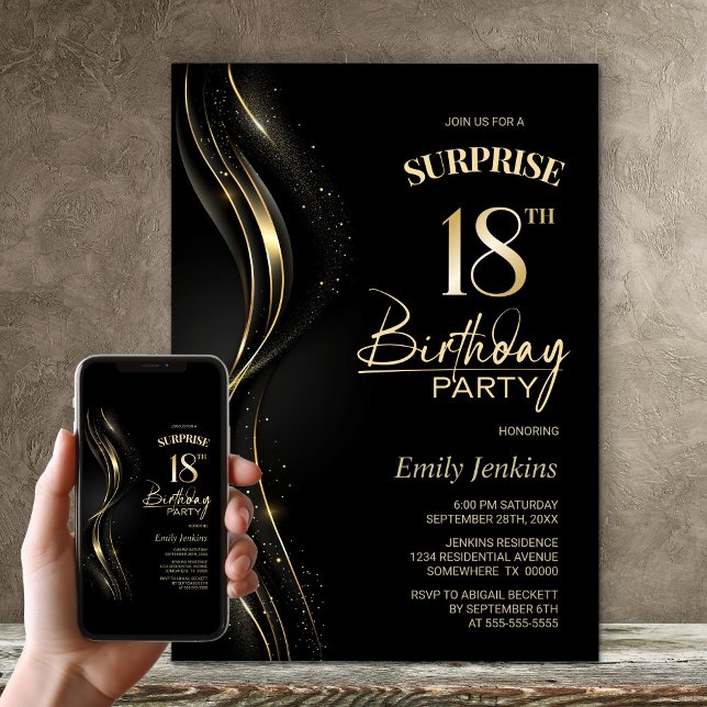 Invitation Surprise Black Gold 18e fête d'anniversaire (Créateur téléchargé)