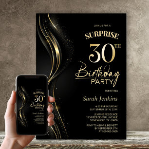Invitation Surprise Black Gold 30th Birthday Party