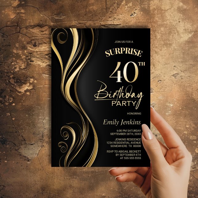 Invitation Surprise Black Gold 40th Birthday Party (Créateur téléchargé)