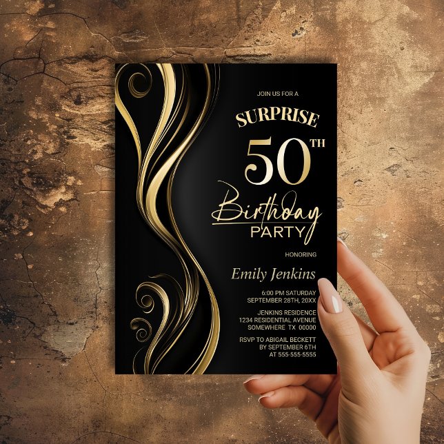 Invitation Surprise Black Gold 50th Birthday Party (Créateur téléchargé)