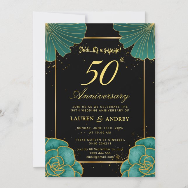 Invitation Surprise Black & Gold 50th Wedding Anniversary (Devant)