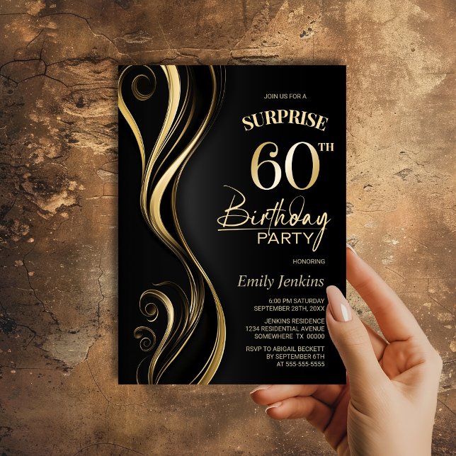 Invitation Surprise Black Gold 60e fête d'anniversaire (Créateur téléchargé)
