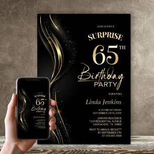 Invitation Surprise Black Gold 65e fête d'anniversaire
