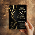Invitation Surprise Black Gold 80th Birthday Party<br><div class="desc">Cette invitation de 80e anniversaire moderne en noir et or donne le ton parfait pour une fête surprise. Personnalisez facilement votre invitation avec le nom de l'invité d'honneur, les détails de la fête et les informations sur le lieu en quelques clics seulement. Vous serez en mesure de créer une nuit...</div>