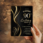 Invitation Surprise Black Gold 90th Birthday Party<br><div class="desc">Cette invitation de 90ème anniversaire moderne, en noir et or, donne le ton parfait pour une fête surprise. Personnalisez facilement votre invitation avec le nom de l'invité d'honneur, les détails de la fête et les informations sur le lieu en quelques clics seulement. Vous serez en mesure de créer une nuit...</div>