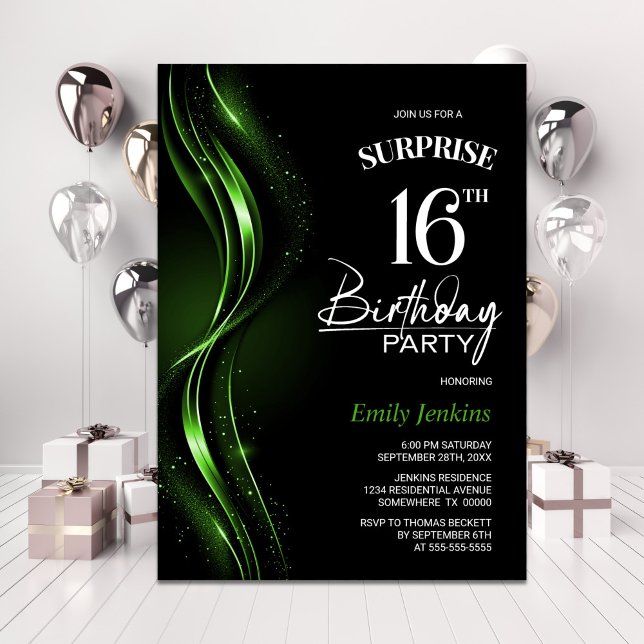 Invitation Surprise Black Green 16e fête d'anniversaire (Créateur téléchargé)