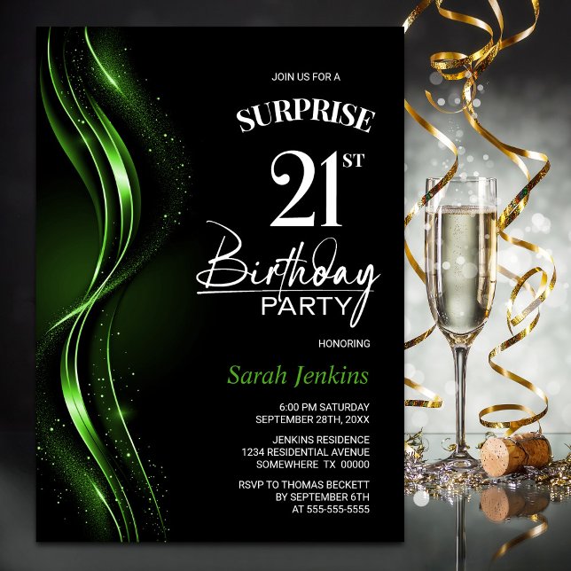 Invitation Surprise Black Green 21e fête d'anniversaire (Créateur téléchargé)