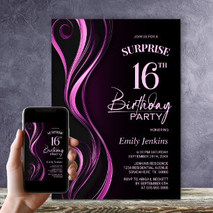 Invitation Surprise Black Pink 16e fête d'anniversaire
