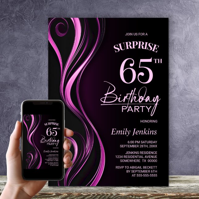 Invitation Surprise Black Pink 65e anniversaire fête (Créateur téléchargé)