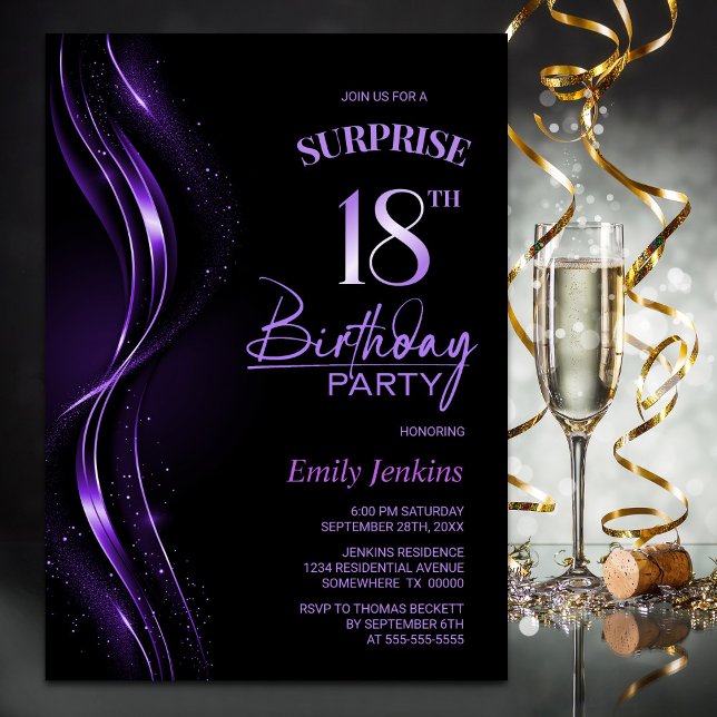 Invitation Surprise Black Purple 18e fête d'anniversaire (Créateur téléchargé)