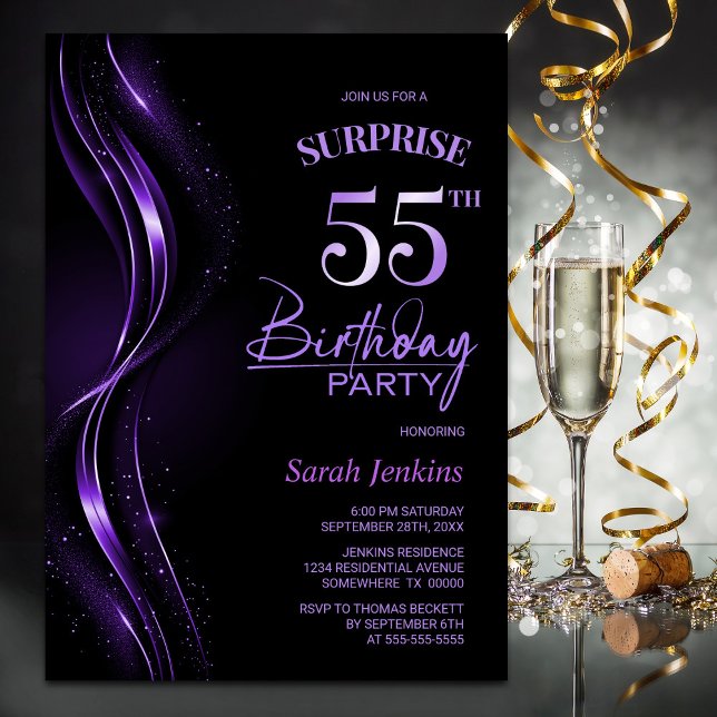 Invitation Surprise Black Purple 55e fête d'anniversaire (Créateur téléchargé)