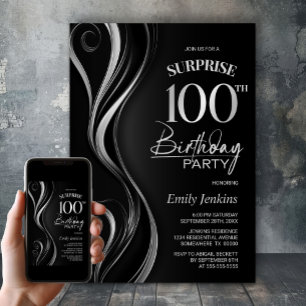 Invitation Surprise Black Silver 100e fête d'anniversaire