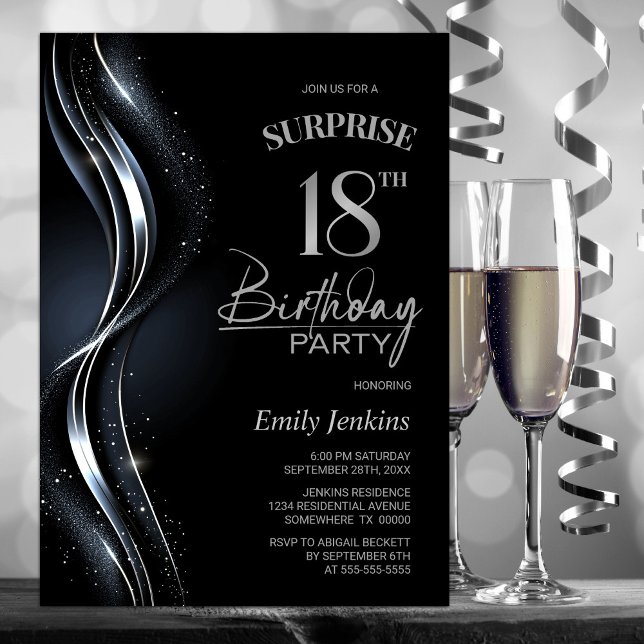 Invitation Surprise Black Silver 18e fête d'anniversaire (Créateur téléchargé)
