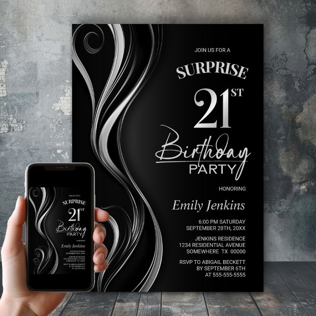 Invitation Surprise Black Silver 21e fête d'anniversaire (Créateur téléchargé)