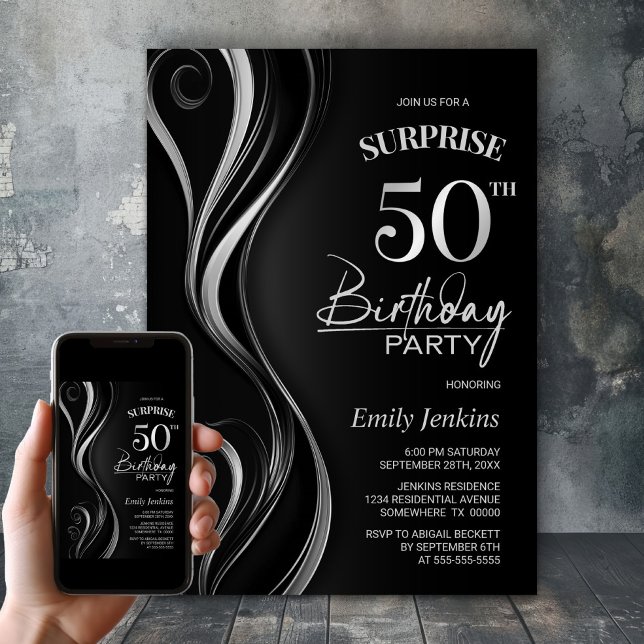 Invitation Surprise Black Silver 50e fête d'anniversaire (Créateur téléchargé)