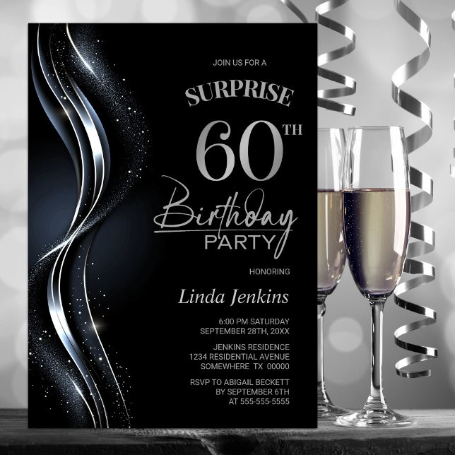 Invitation Surprise Black Silver 60e fête d'anniversaire (Créateur téléchargé)