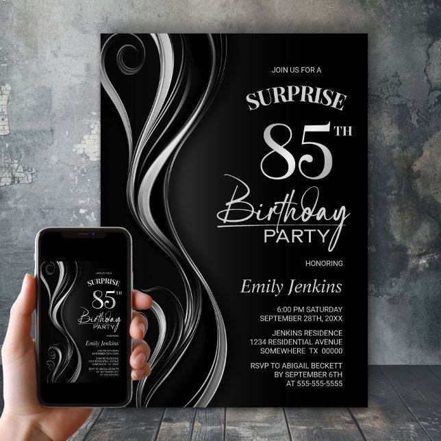 Invitation Surprise Black Silver 85e fête d'anniversaire (Créateur téléchargé)