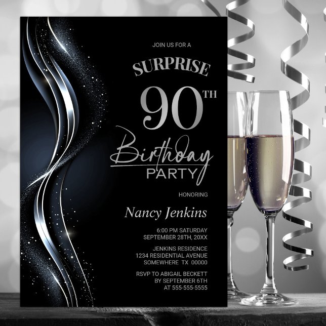 Invitation Surprise Black Silver 90e fête d'anniversaire (Créateur téléchargé)