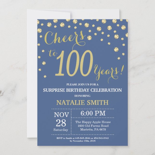 Invitation Surprise Blue et Or 100e Anniversaire Diamant (Devant)