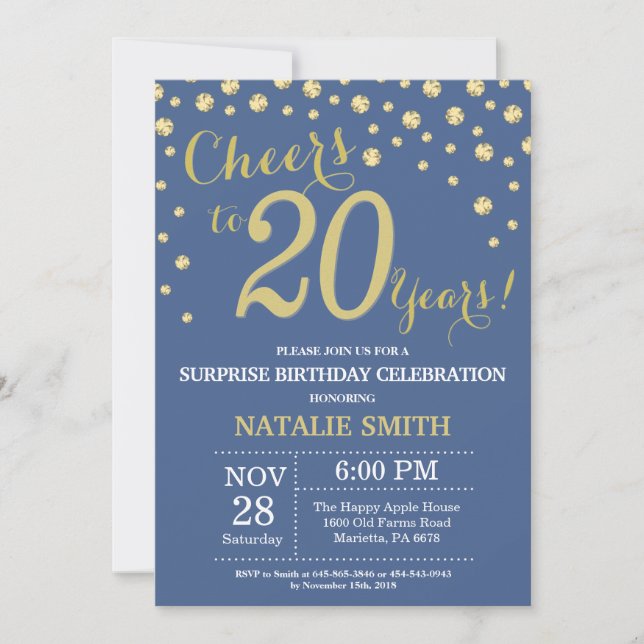 Invitation Surprise Blue et Or 20e Anniversaire Diamant (Devant)