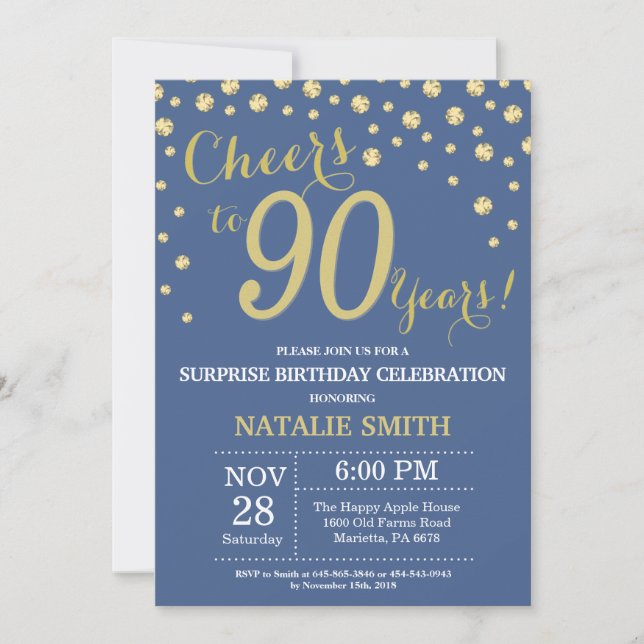 Invitation Surprise Blue et Or pour 90e Anniversaire Diamant (Devant)
