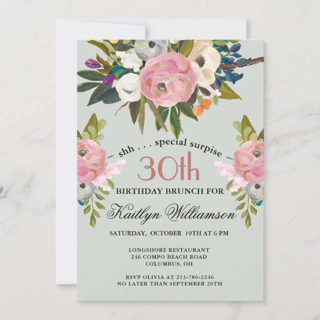 Invitation SURPRISE Brunch Élégant Fleurs 30e Anniversaire  (Devant)