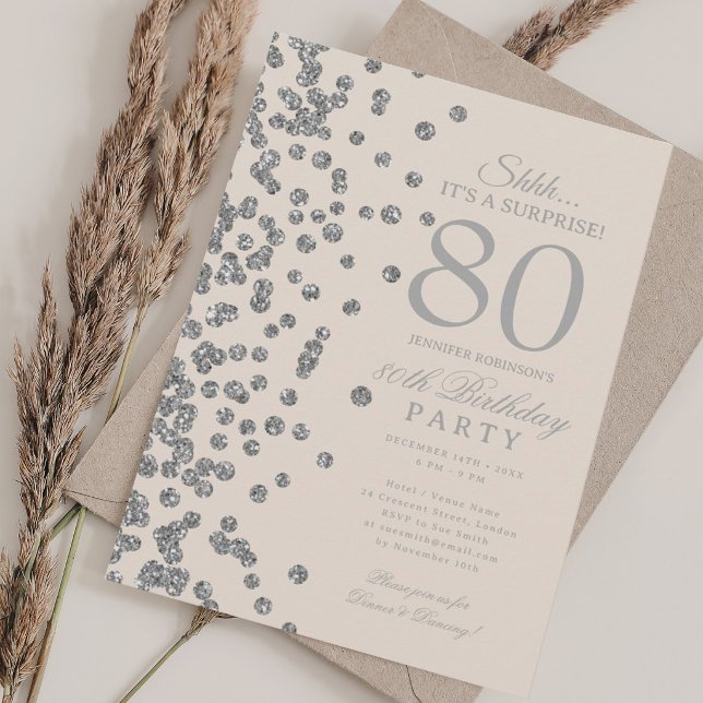Invitation  Surprise Champagne 80 ans paillettes d'argent  (Silver Glitter Surprise 80th Birthday Champagne Invitation)