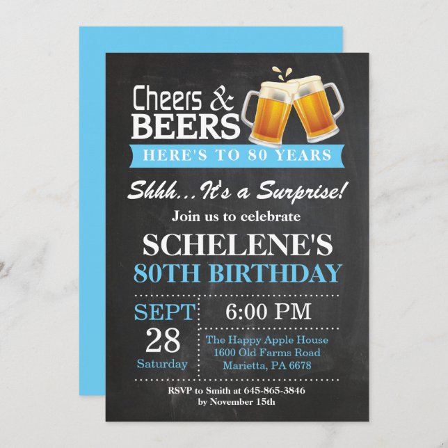 Invitation Surprise Cheers and Beers 80e anniversaire Invitat (Devant / Derrière)