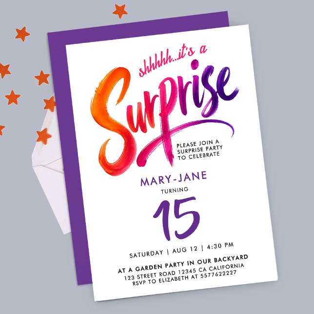 Invitation Surprise Couleurs Modernes 15e Anniversaire Script (Créateur téléchargé)
