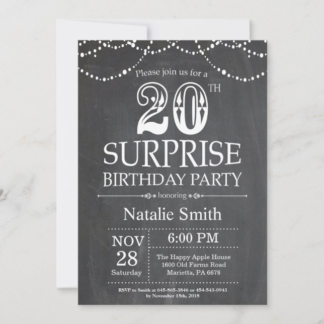 Invitation surprise d'anniversaire 20 ans Tableau  (Devant)