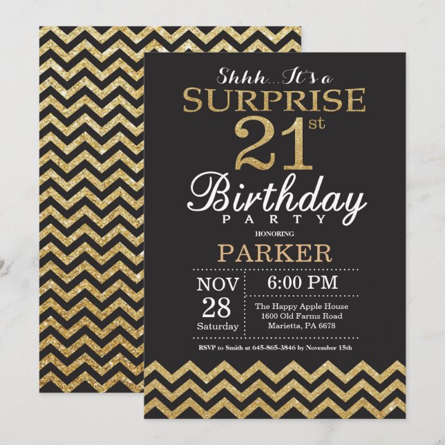 Invitation surprise d'anniversaire 21 ans paillett (Devant / Derrière)