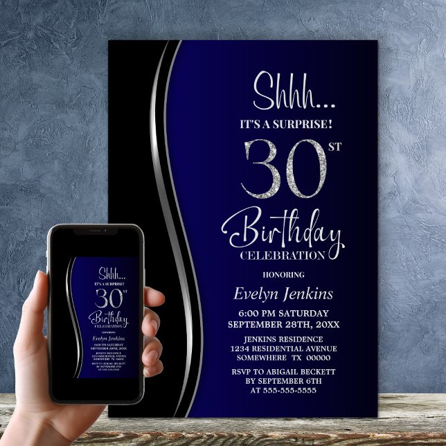 Invitation Surprise d'anniversaire 30 ans Bleu foncé (Créateur téléchargé)